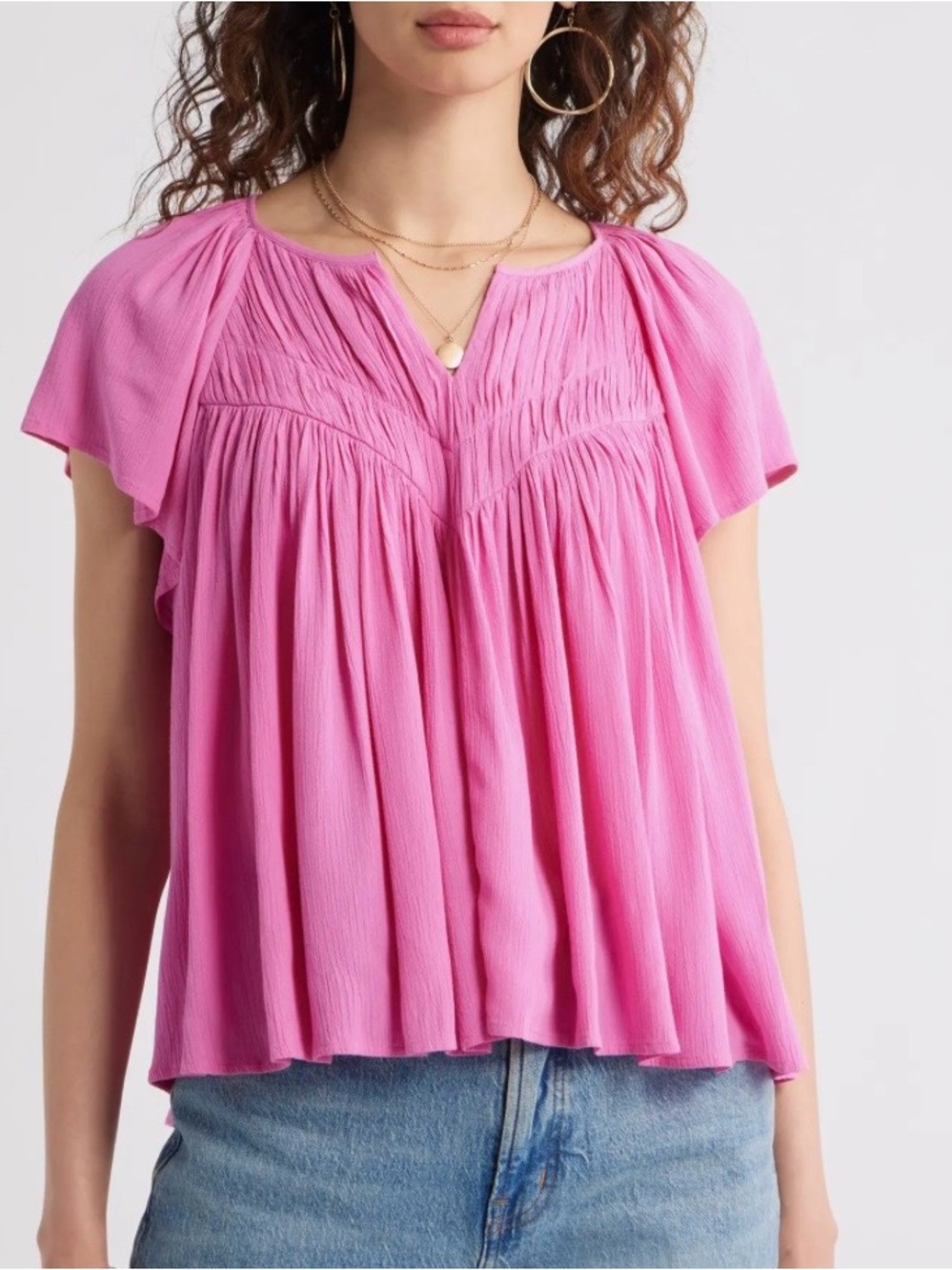 Treasure&Bond Hot Pink Shirred Ragan Sleeve Gauze Top